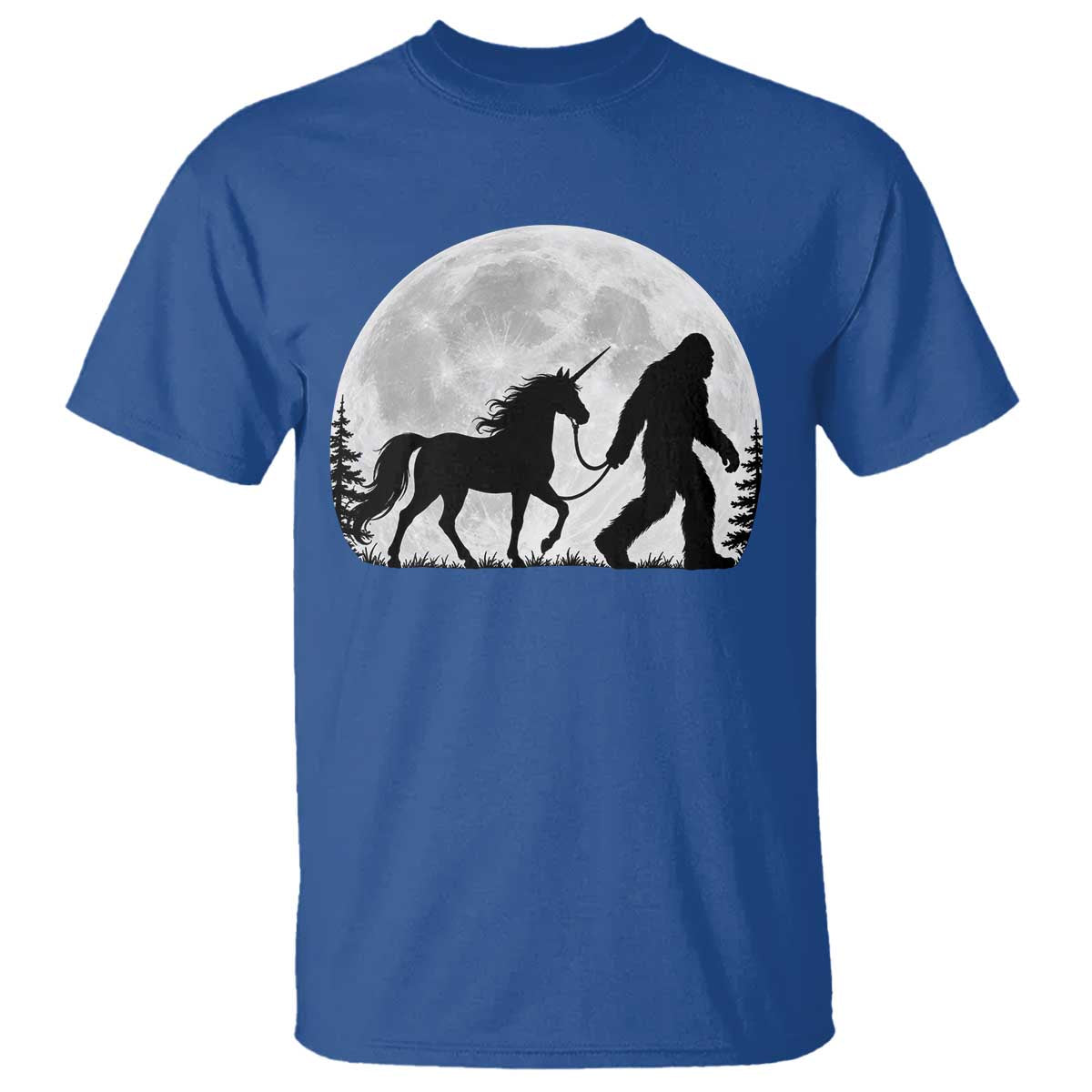 Bigfoot Walking Unicorn T Shirt Full Moon Sasquatch Fantasy Forest Silhouette