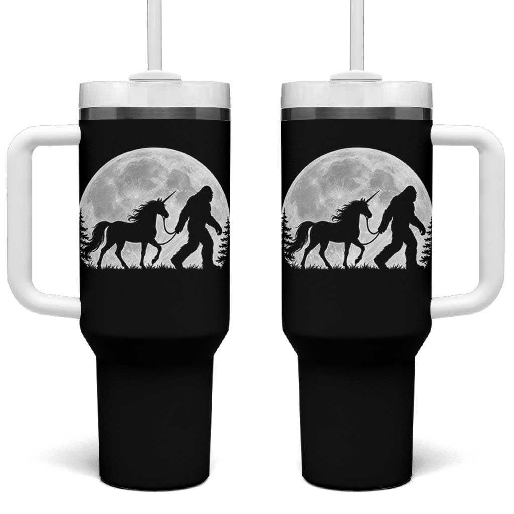 Bigfoot Walking Unicorn Tumbler With Handle Full Moon Sasquatch Fantasy Forest Silhouette