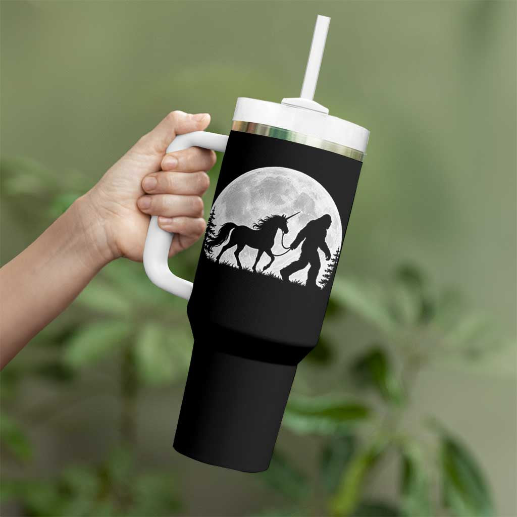 Bigfoot Walking Unicorn Tumbler With Handle Full Moon Sasquatch Fantasy Forest Silhouette