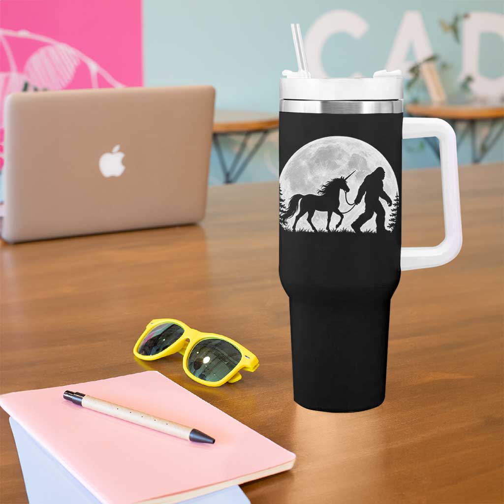 Bigfoot Walking Unicorn Tumbler With Handle Full Moon Sasquatch Fantasy Forest Silhouette
