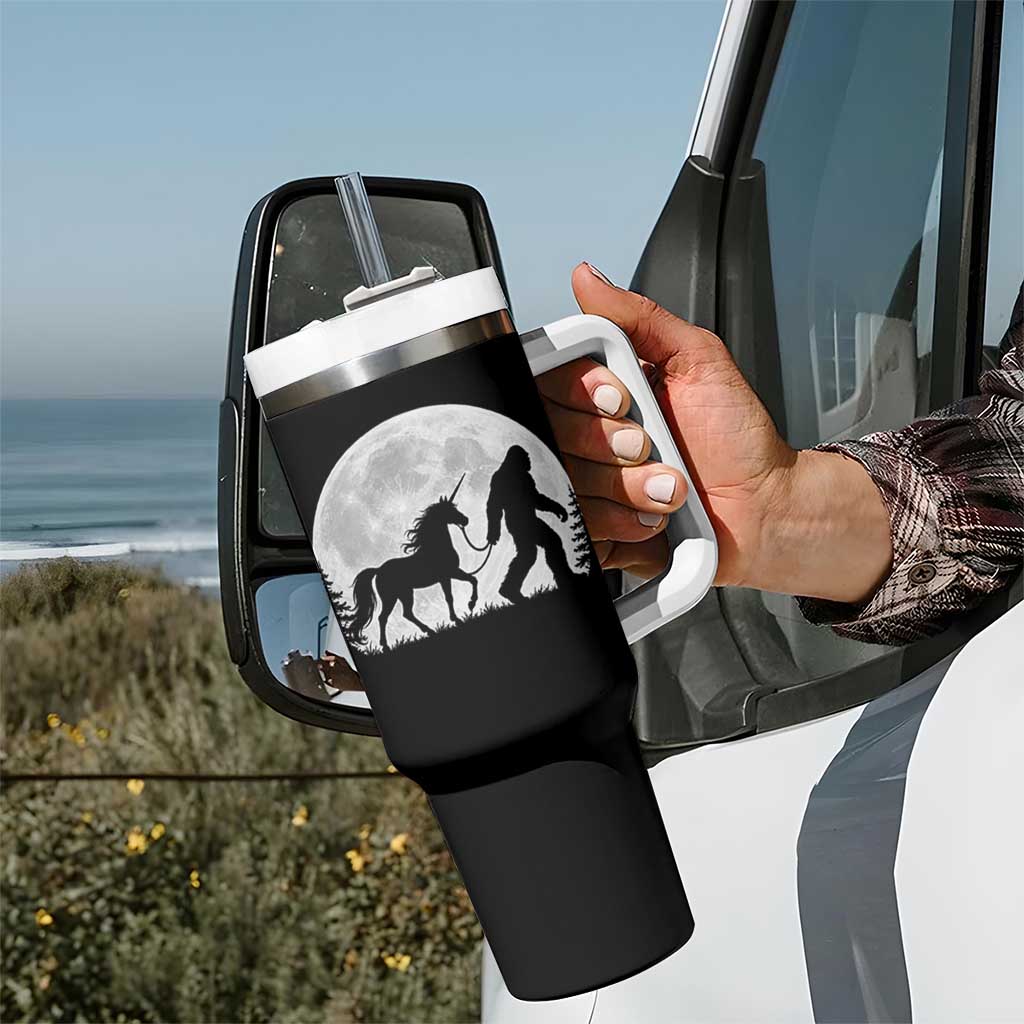 Bigfoot Walking Unicorn Tumbler With Handle Full Moon Sasquatch Fantasy Forest Silhouette