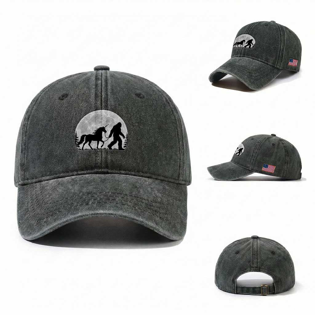 Bigfoot Walking Unicorn Washed Cotton Baseball Cap Full Moon Sasquatch Fantasy Forest Silhouette