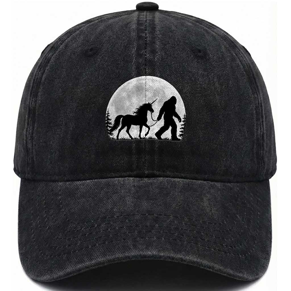 Bigfoot Walking Unicorn Washed Cotton Baseball Cap Full Moon Sasquatch Fantasy Forest Silhouette