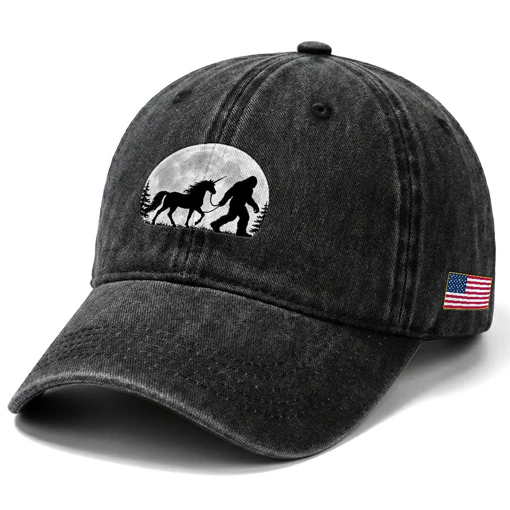 Bigfoot Walking Unicorn Washed Cotton Baseball Cap Full Moon Sasquatch Fantasy Forest Silhouette
