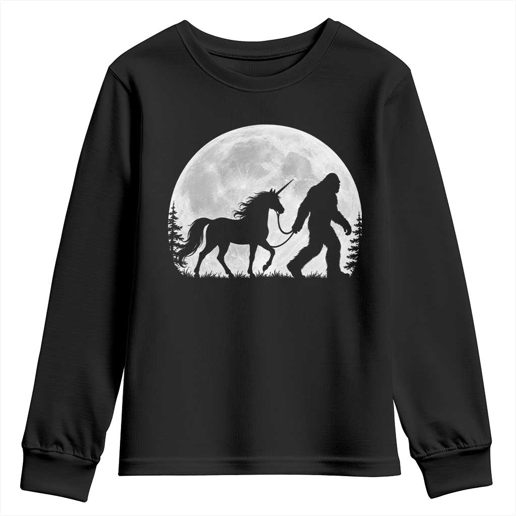 Bigfoot Walking Unicorn Youth Sweatshirt Full Moon Sasquatch Fantasy Forest Silhouette