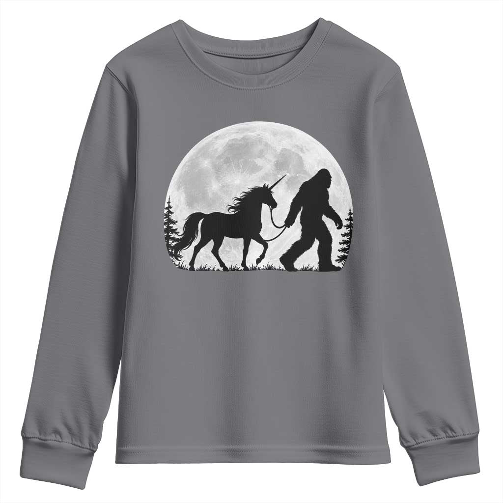 Bigfoot Walking Unicorn Youth Sweatshirt Full Moon Sasquatch Fantasy Forest Silhouette