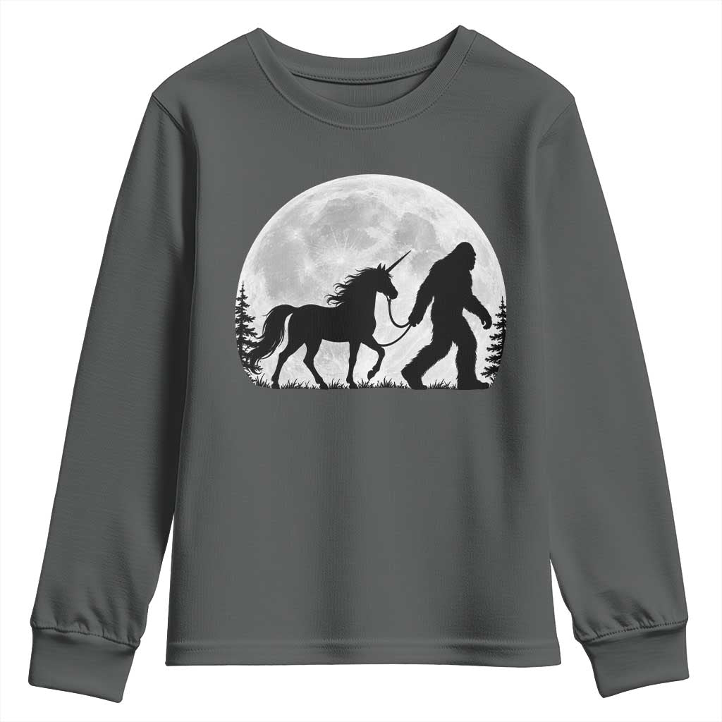 Bigfoot Walking Unicorn Youth Sweatshirt Full Moon Sasquatch Fantasy Forest Silhouette
