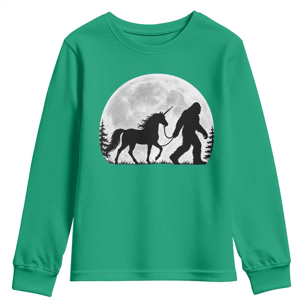 Bigfoot Walking Unicorn Youth Sweatshirt Full Moon Sasquatch Fantasy Forest Silhouette