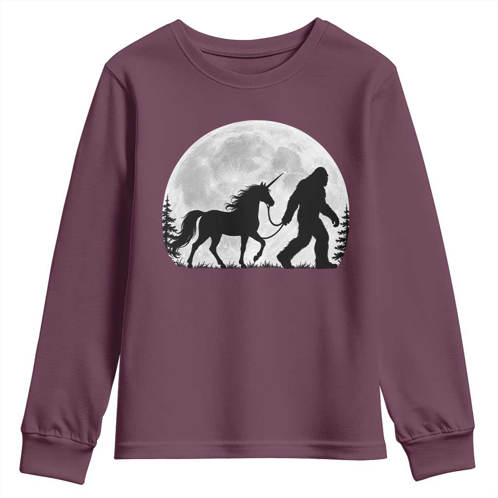 Bigfoot Walking Unicorn Youth Sweatshirt Full Moon Sasquatch Fantasy Forest Silhouette