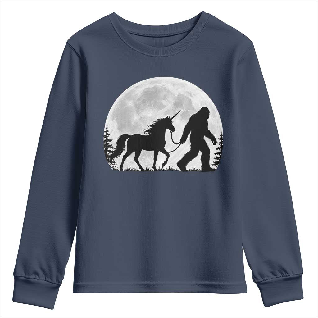 Bigfoot Walking Unicorn Youth Sweatshirt Full Moon Sasquatch Fantasy Forest Silhouette