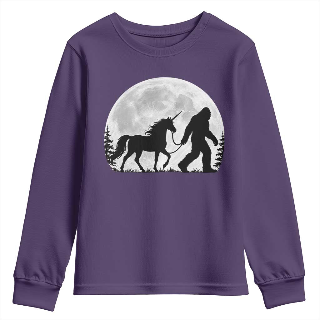 Bigfoot Walking Unicorn Youth Sweatshirt Full Moon Sasquatch Fantasy Forest Silhouette