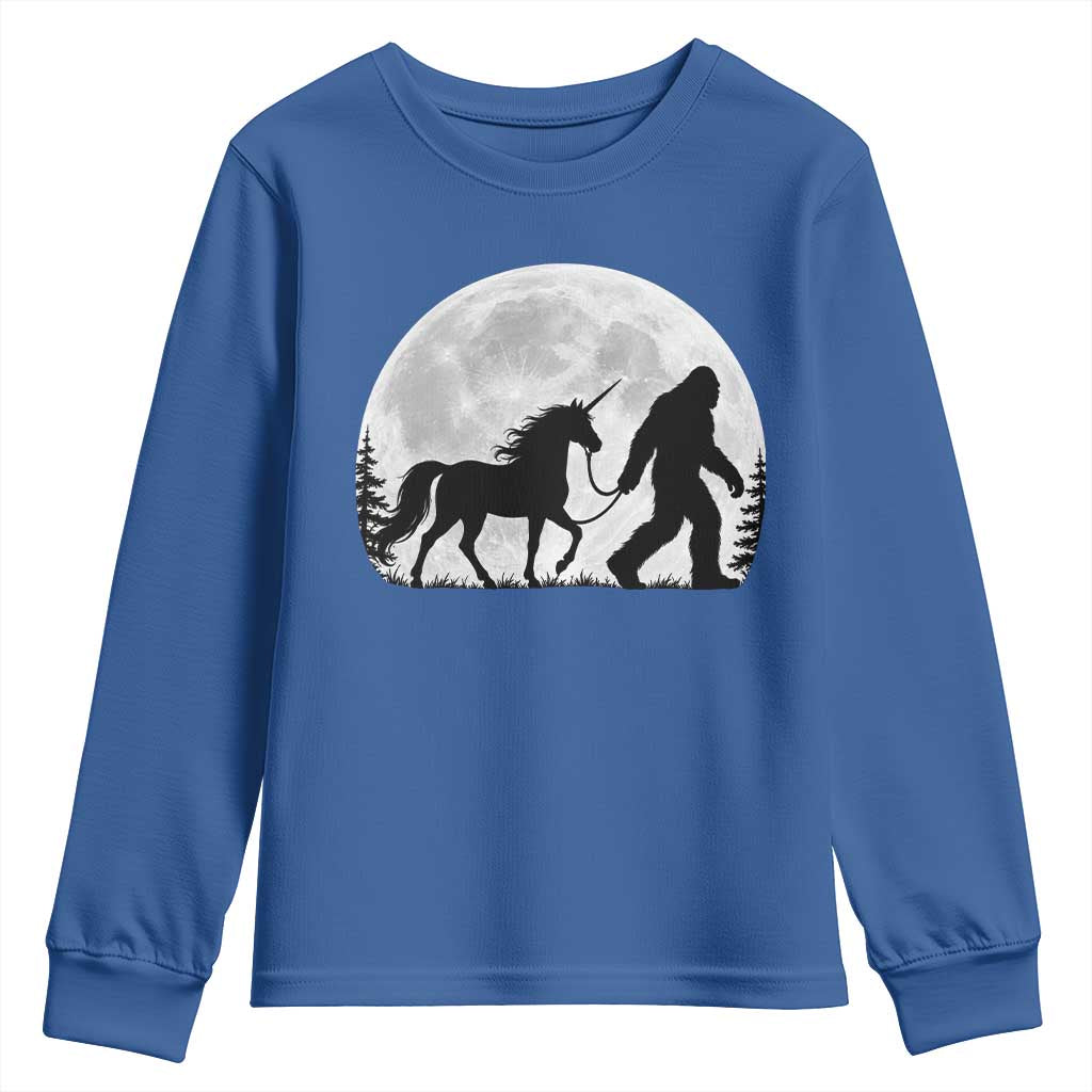 Bigfoot Walking Unicorn Youth Sweatshirt Full Moon Sasquatch Fantasy Forest Silhouette