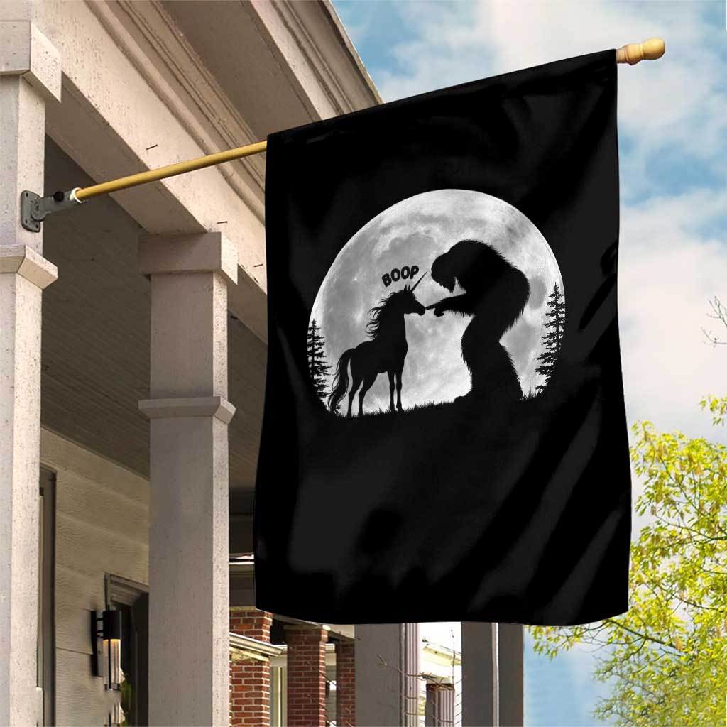 Bigfoot Boop Unicorn Garden Flag Funny Sasquatch Full Moon Fantasy Forest Silhouette