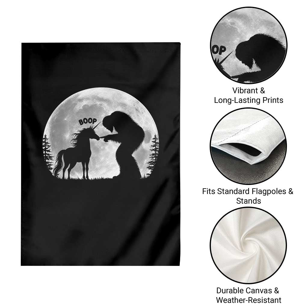 Bigfoot Boop Unicorn Garden Flag Funny Sasquatch Full Moon Fantasy Forest Silhouette