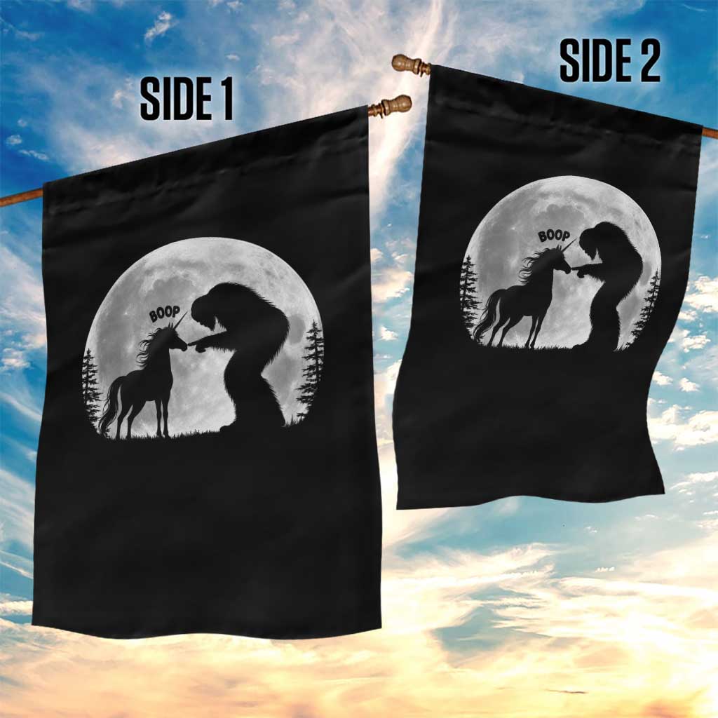 Bigfoot Boop Unicorn Garden Flag Funny Sasquatch Full Moon Fantasy Forest Silhouette