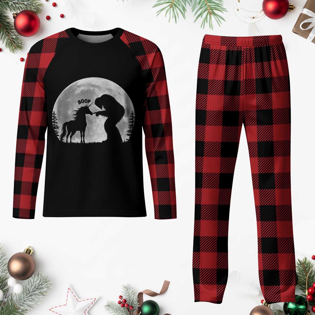 Bigfoot Boop Unicorn Plaid Pajama Set Funny Sasquatch Full Moon Fantasy Forest Silhouette