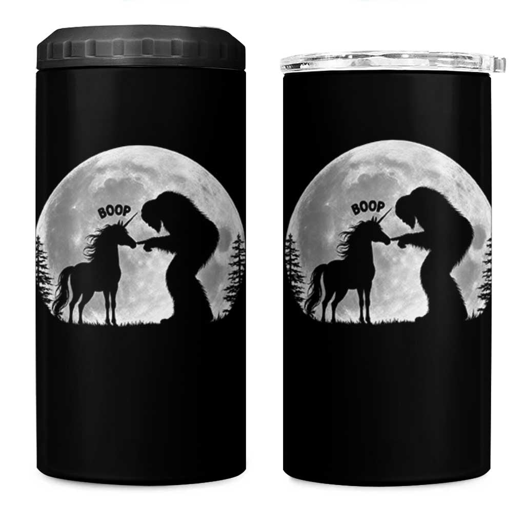 Bigfoot Boop Unicorn 4 in 1 Can Cooler Tumbler Funny Sasquatch Full Moon Fantasy Forest Silhouette