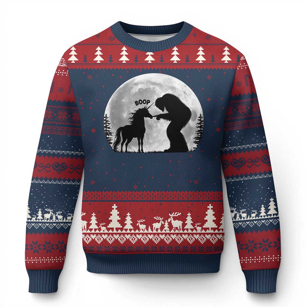 Bigfoot Boop Unicorn Ugly Christmas Sweater Funny Sasquatch Full Moon Fantasy Forest Silhouette