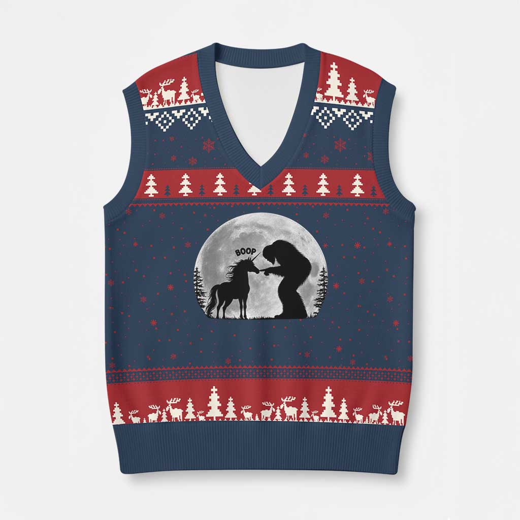Bigfoot Boop Unicorn V-Neck Knit Sweater Vest Funny Sasquatch Full Moon Fantasy Forest Silhouette