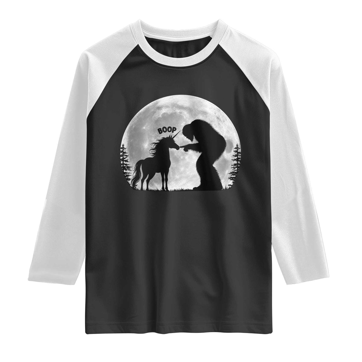 Bigfoot Boop Unicorn Raglan Shirt Funny Sasquatch Full Moon Fantasy Forest Silhouette