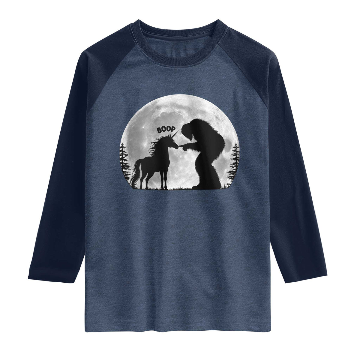 Bigfoot Boop Unicorn Raglan Shirt Funny Sasquatch Full Moon Fantasy Forest Silhouette