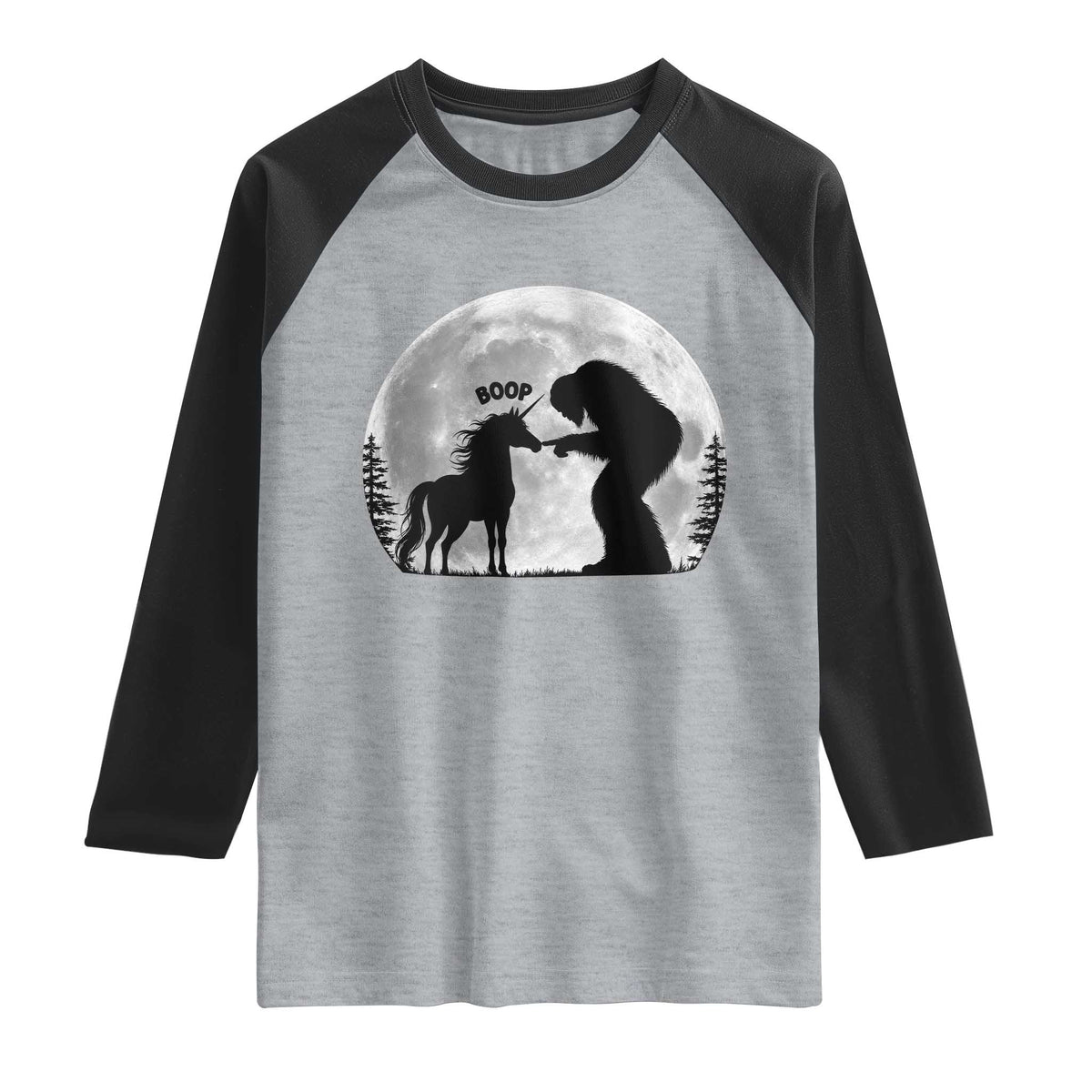 Bigfoot Boop Unicorn Raglan Shirt Funny Sasquatch Full Moon Fantasy Forest Silhouette
