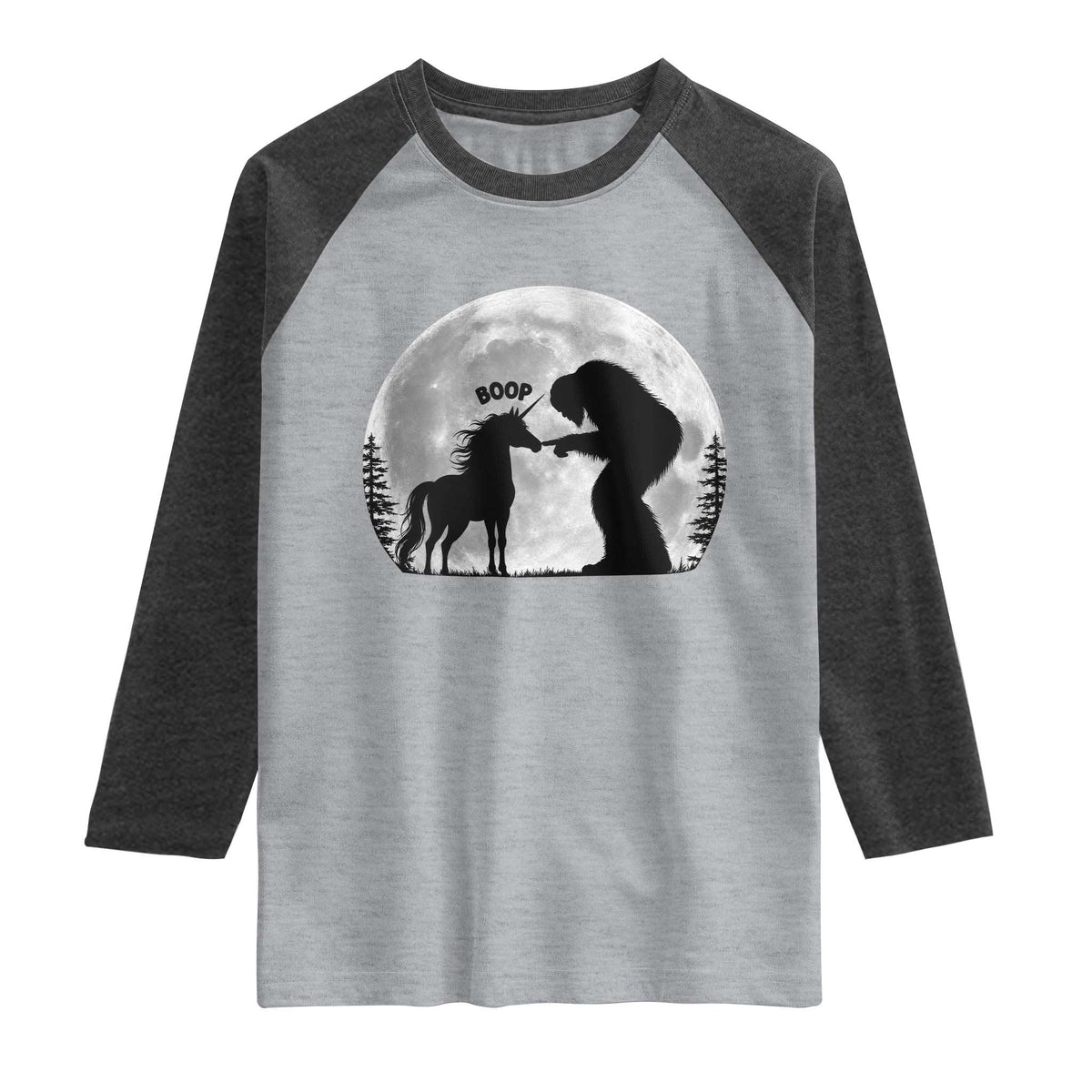 Bigfoot Boop Unicorn Raglan Shirt Funny Sasquatch Full Moon Fantasy Forest Silhouette