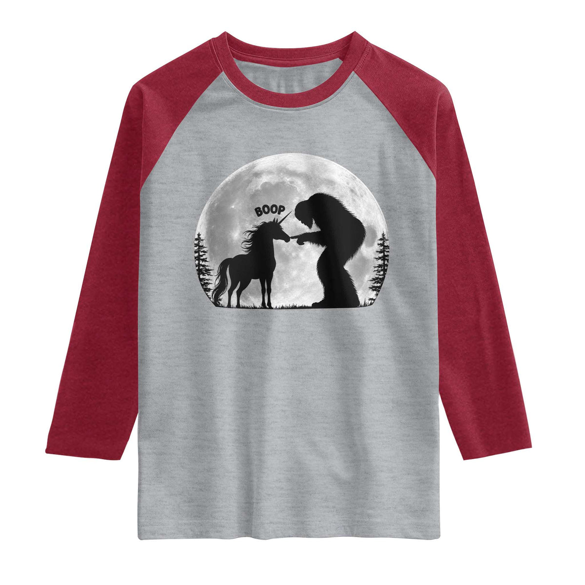 Bigfoot Boop Unicorn Raglan Shirt Funny Sasquatch Full Moon Fantasy Forest Silhouette
