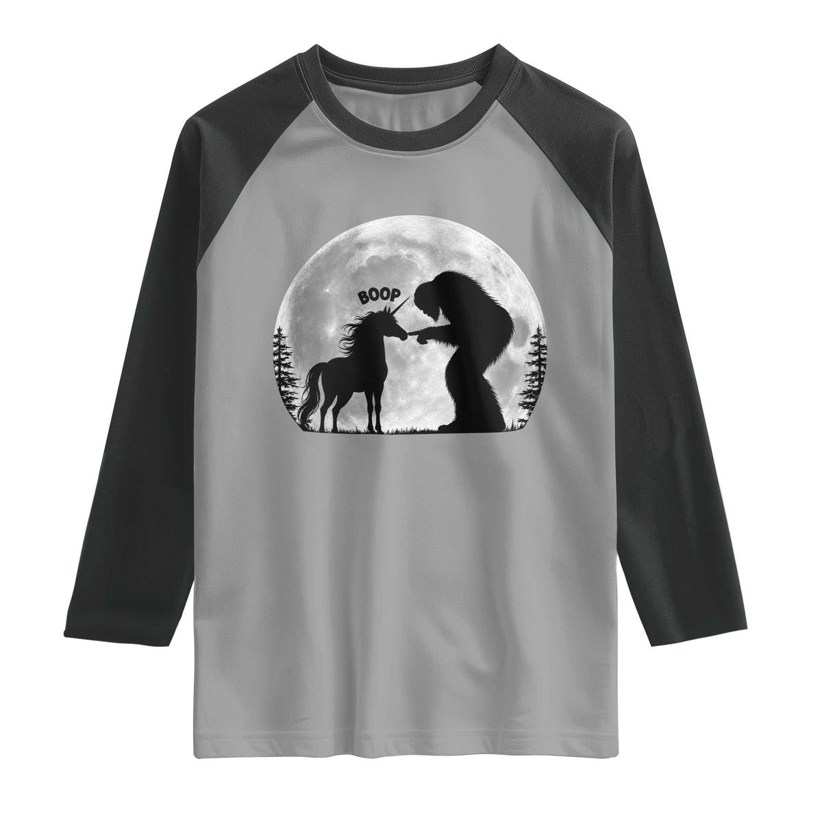 Bigfoot Boop Unicorn Raglan Shirt Funny Sasquatch Full Moon Fantasy Forest Silhouette