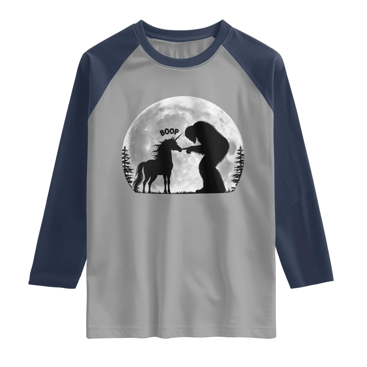 Bigfoot Boop Unicorn Raglan Shirt Funny Sasquatch Full Moon Fantasy Forest Silhouette