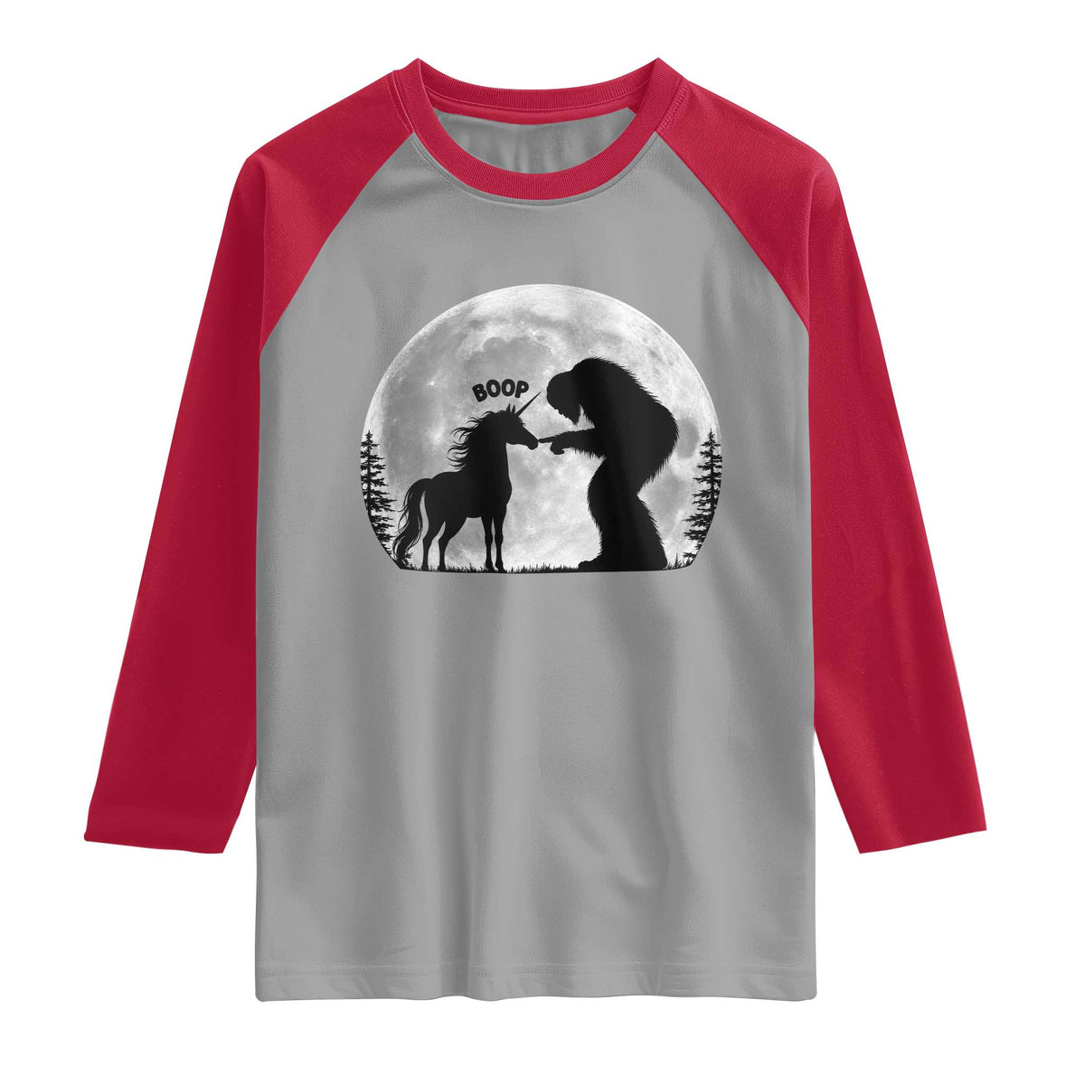 Bigfoot Boop Unicorn Raglan Shirt Funny Sasquatch Full Moon Fantasy Forest Silhouette