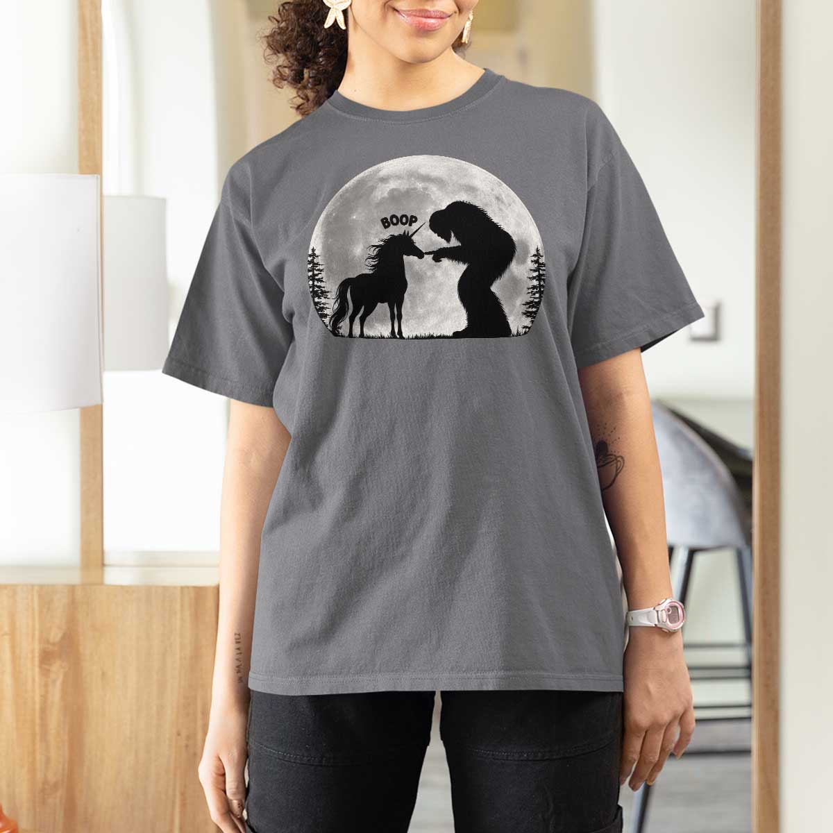 Bigfoot Boop Unicorn T Shirt For Women Funny Sasquatch Full Moon Fantasy Forest Silhouette