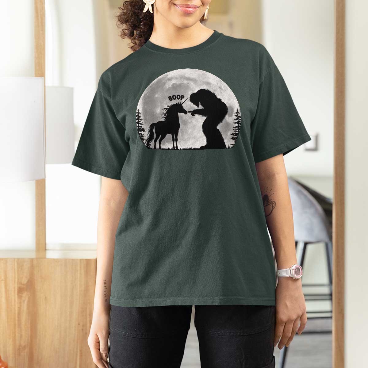 Bigfoot Boop Unicorn T Shirt For Women Funny Sasquatch Full Moon Fantasy Forest Silhouette