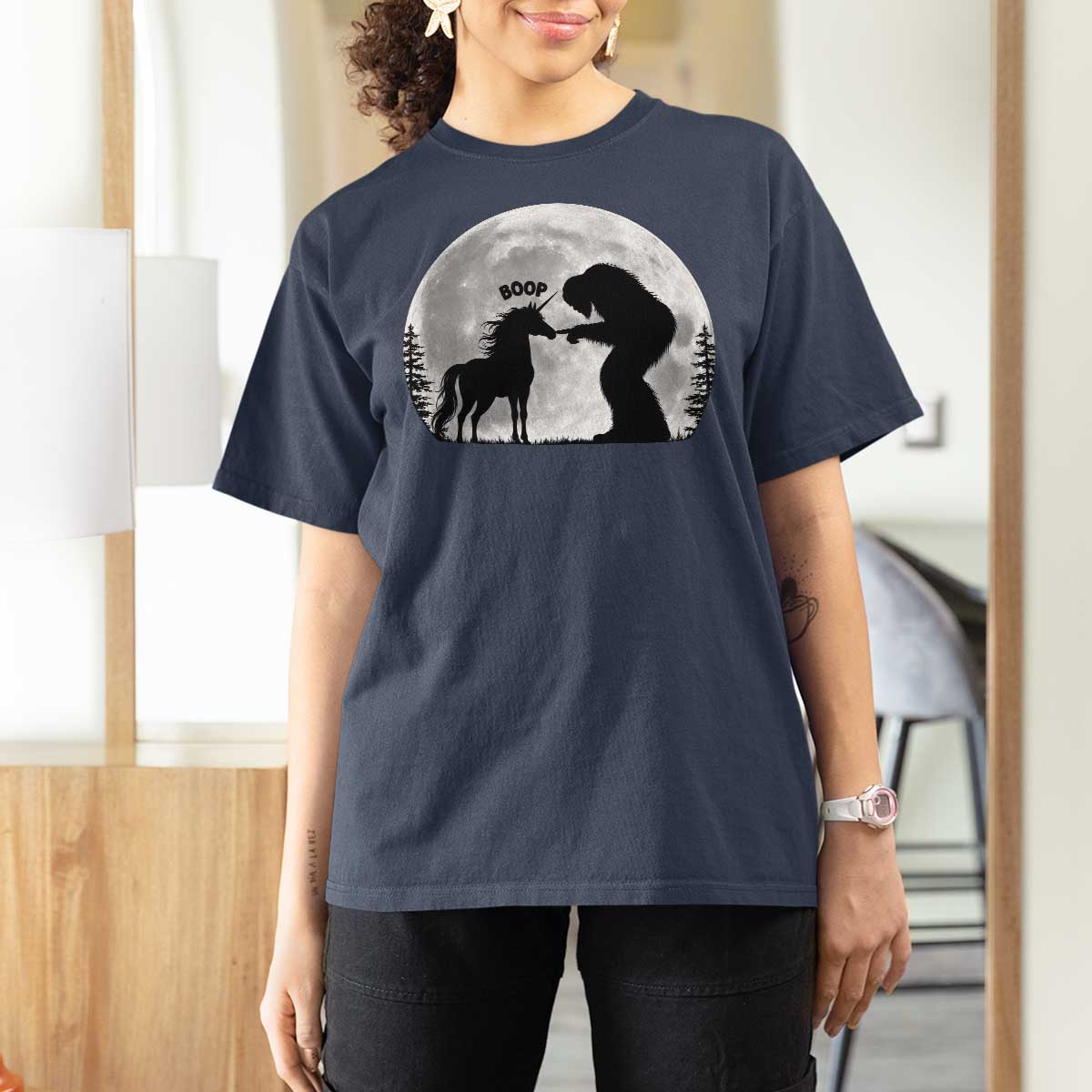 Bigfoot Boop Unicorn T Shirt For Women Funny Sasquatch Full Moon Fantasy Forest Silhouette