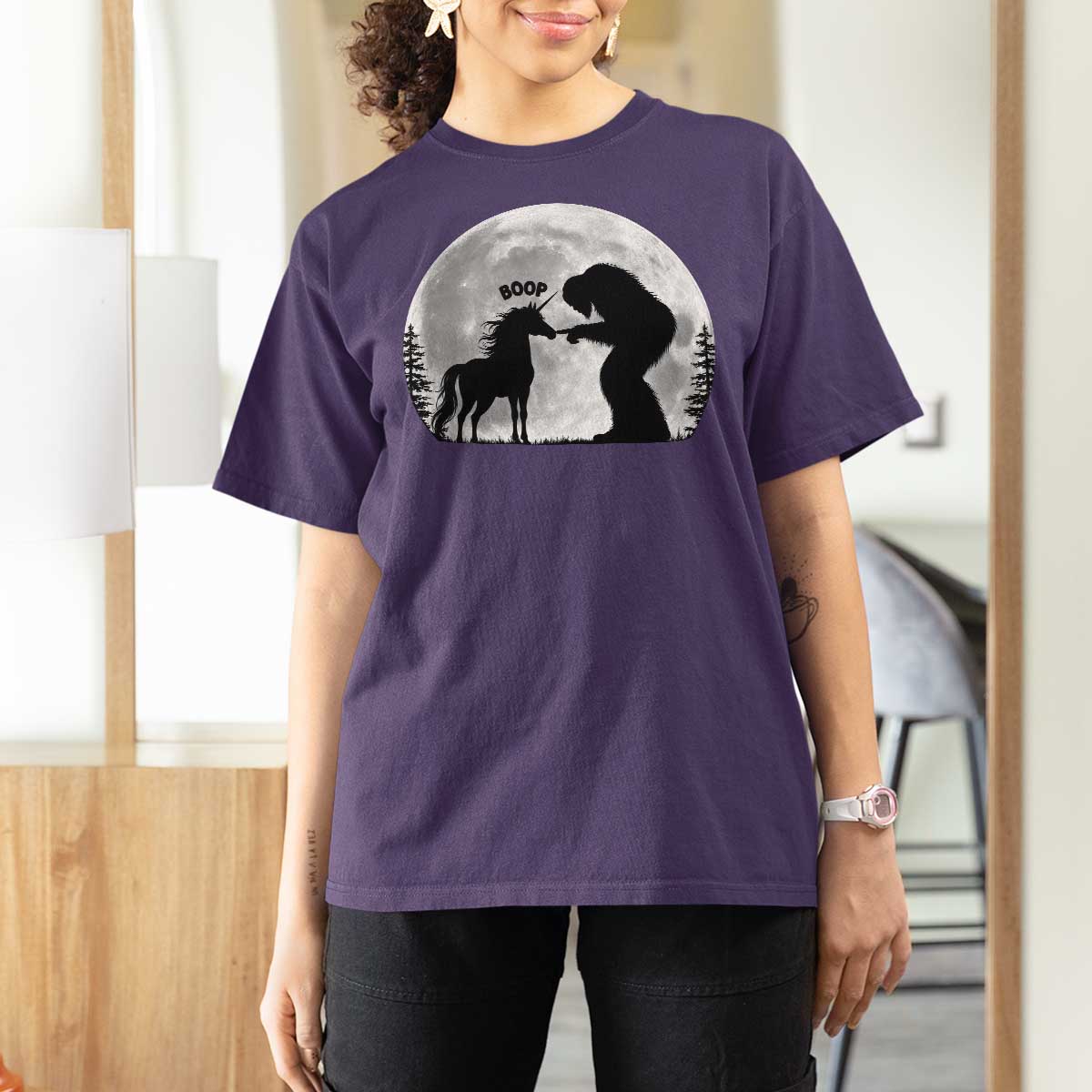 Bigfoot Boop Unicorn T Shirt For Women Funny Sasquatch Full Moon Fantasy Forest Silhouette