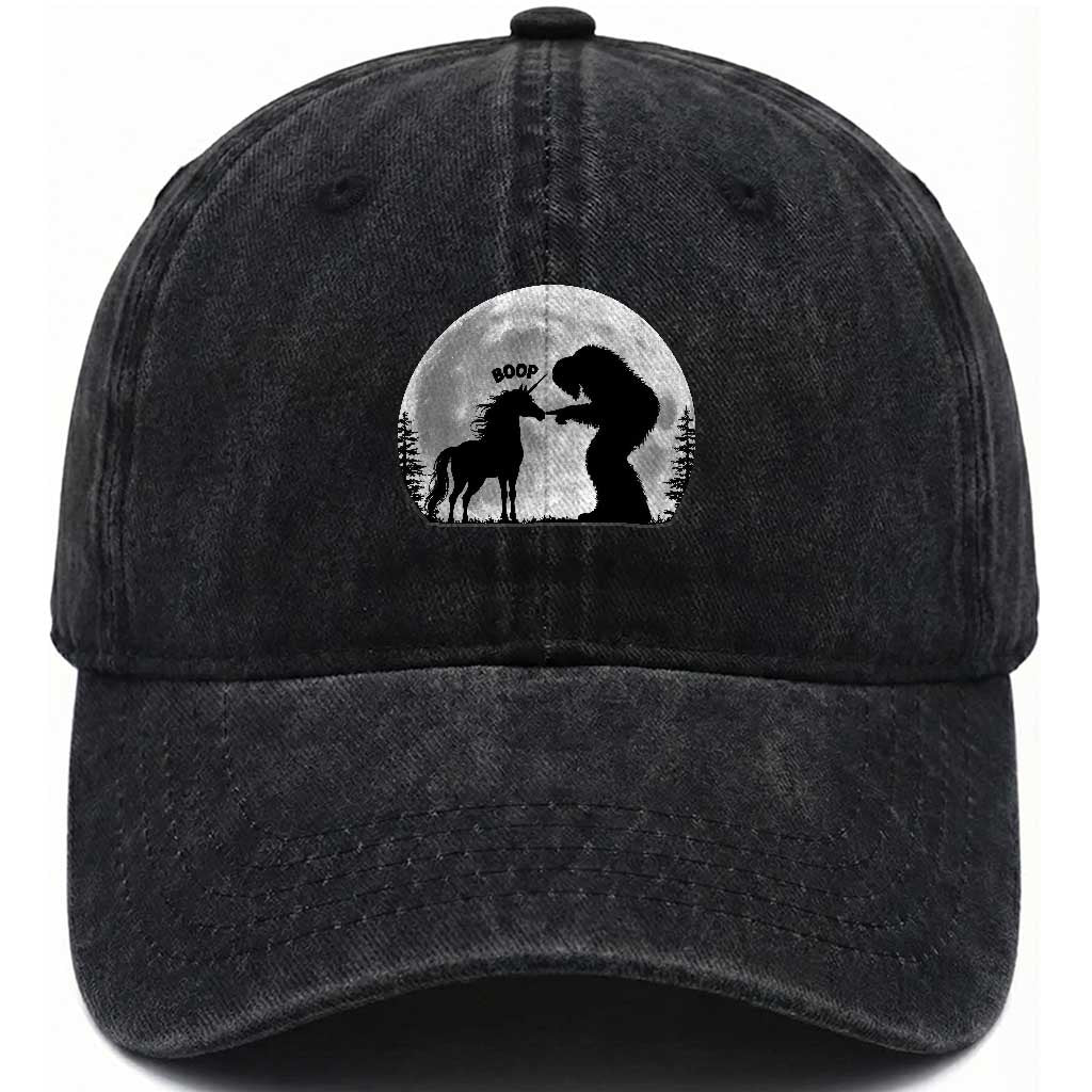 Bigfoot Boop Unicorn Washed Cotton Baseball Cap Funny Sasquatch Full Moon Fantasy Forest Silhouette