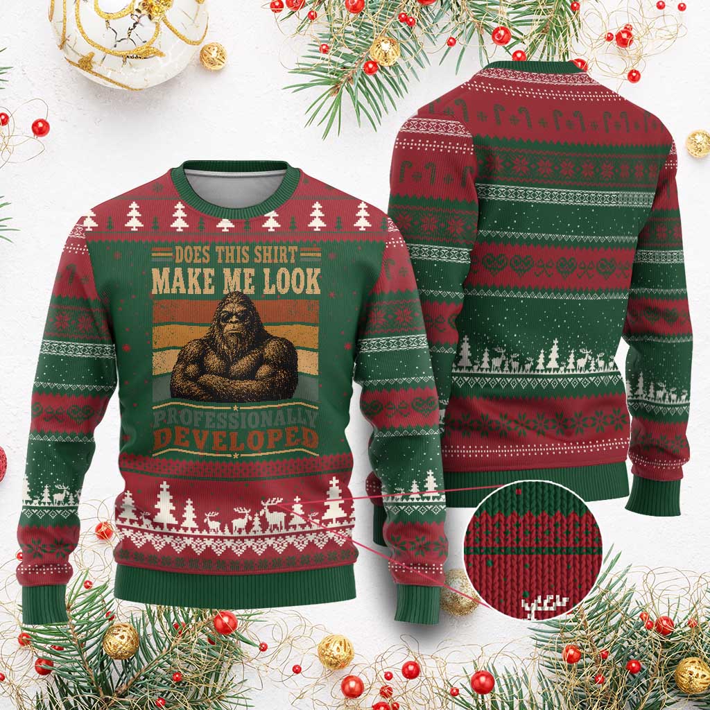 Does This Make Me Look Professionally Developed Funny Bigfoot Ugly Christmas Sweater Sasquatch Retro Humor