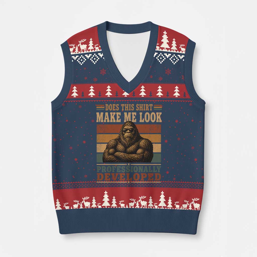 Does This Make Me Look Professionally Developed Funny Bigfoot V-Neck Knit Sweater Vest Sasquatch Retro Humor