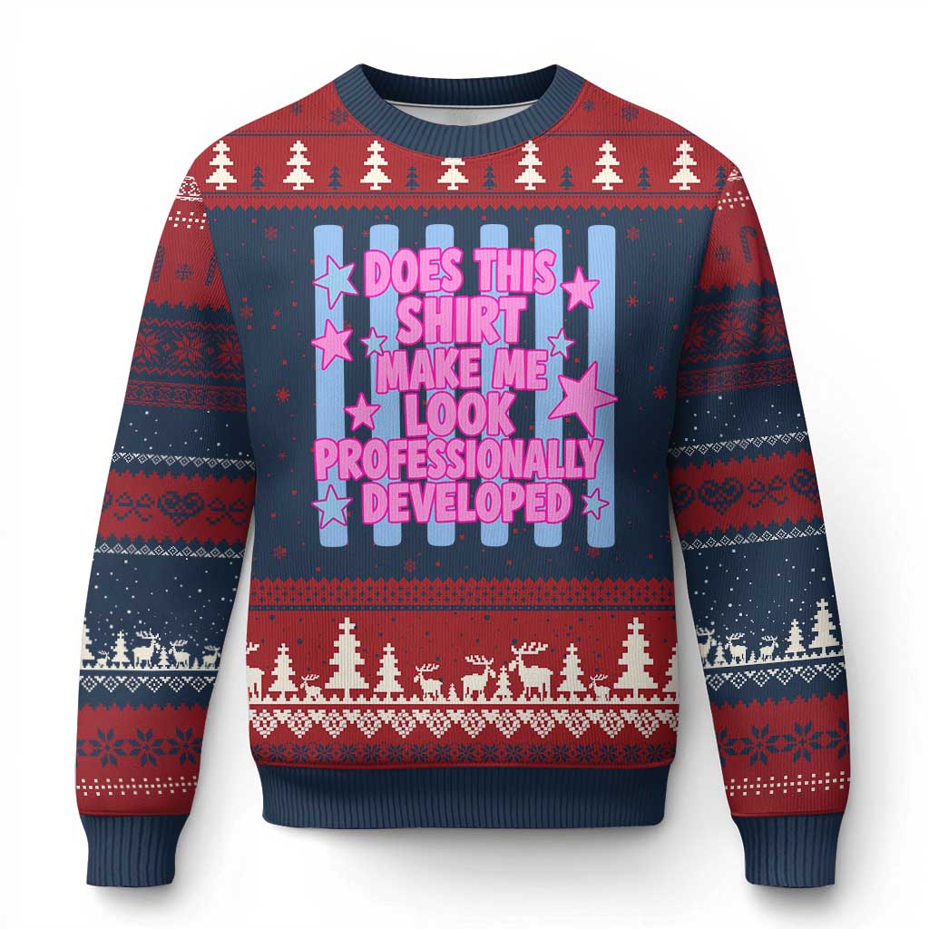Does This Make Me Look Professionally Developed Ugly Christmas Sweater Funny Retro Groovy Pink Graphic