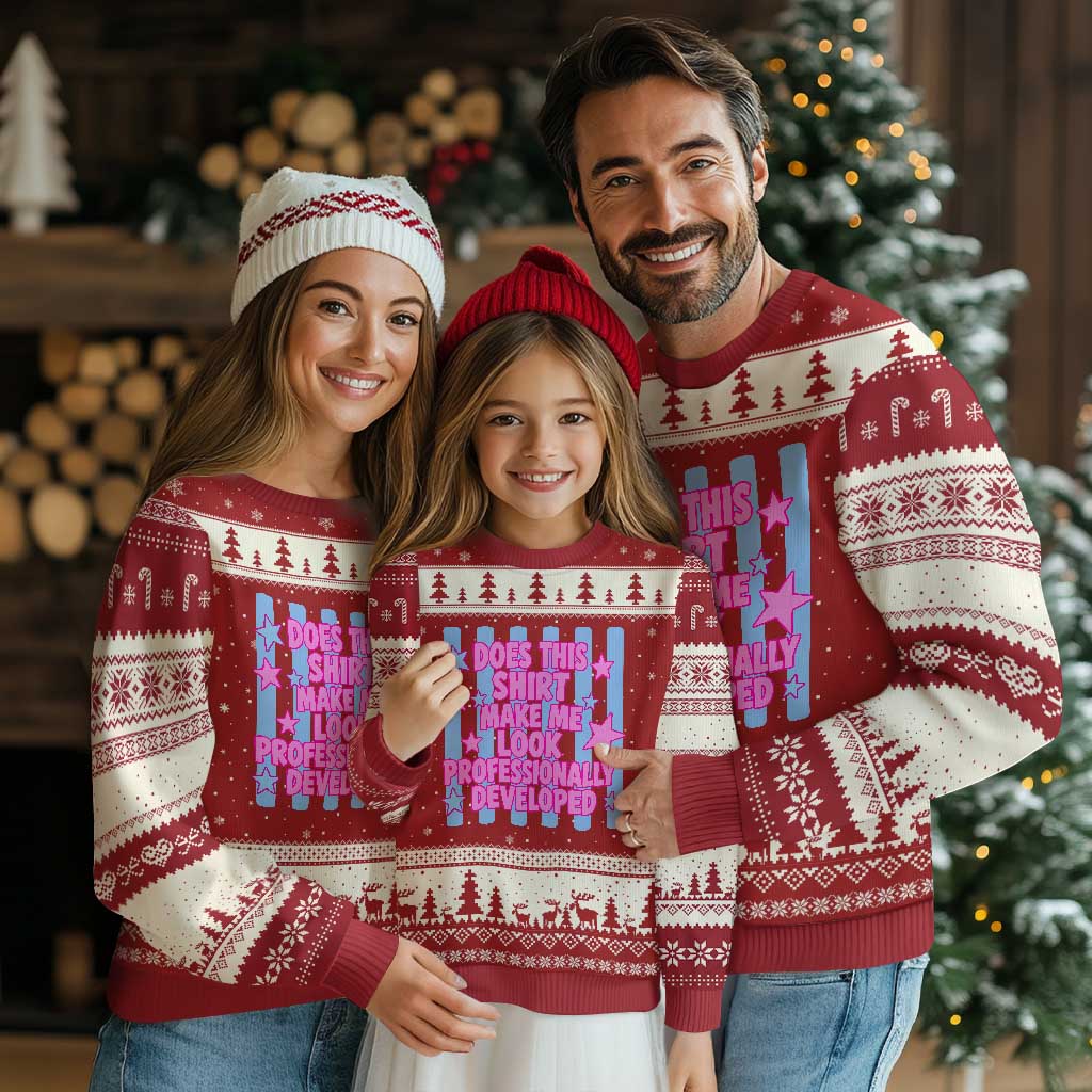 Does This Make Me Look Professionally Developed Ugly Christmas Sweater Funny Retro Groovy Pink Graphic