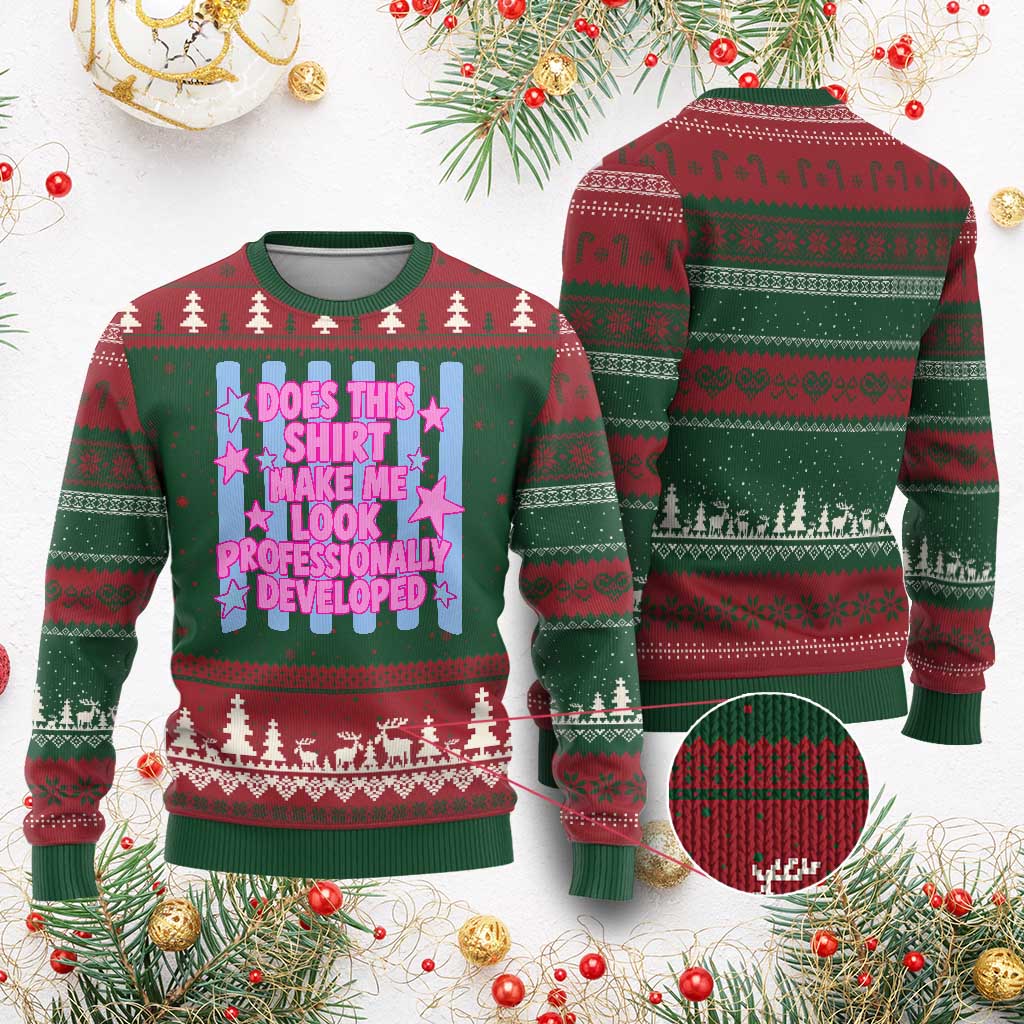 Does This Make Me Look Professionally Developed Ugly Christmas Sweater Funny Retro Groovy Pink Graphic