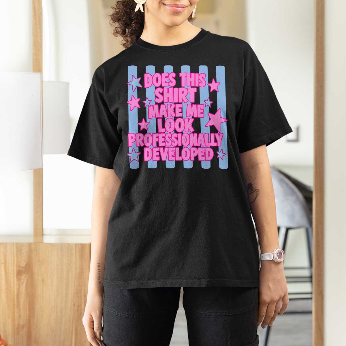 Does This Make Me Look Professionally Developed T Shirt For Women Funny Retro Groovy Pink Graphic