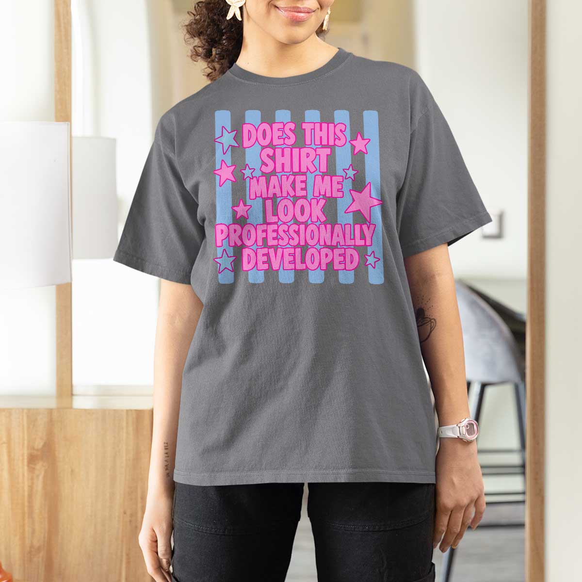 Does This Make Me Look Professionally Developed T Shirt For Women Funny Retro Groovy Pink Graphic