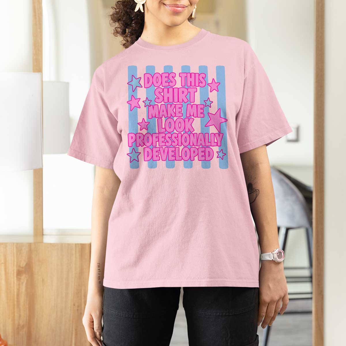 Does This Make Me Look Professionally Developed T Shirt For Women Funny Retro Groovy Pink Graphic