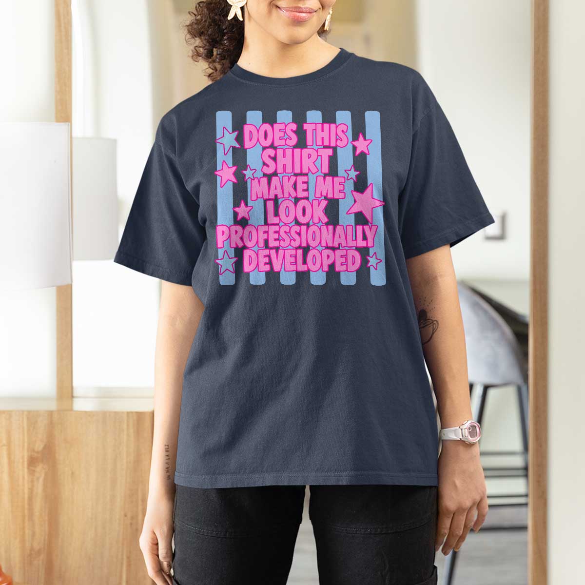 Does This Make Me Look Professionally Developed T Shirt For Women Funny Retro Groovy Pink Graphic