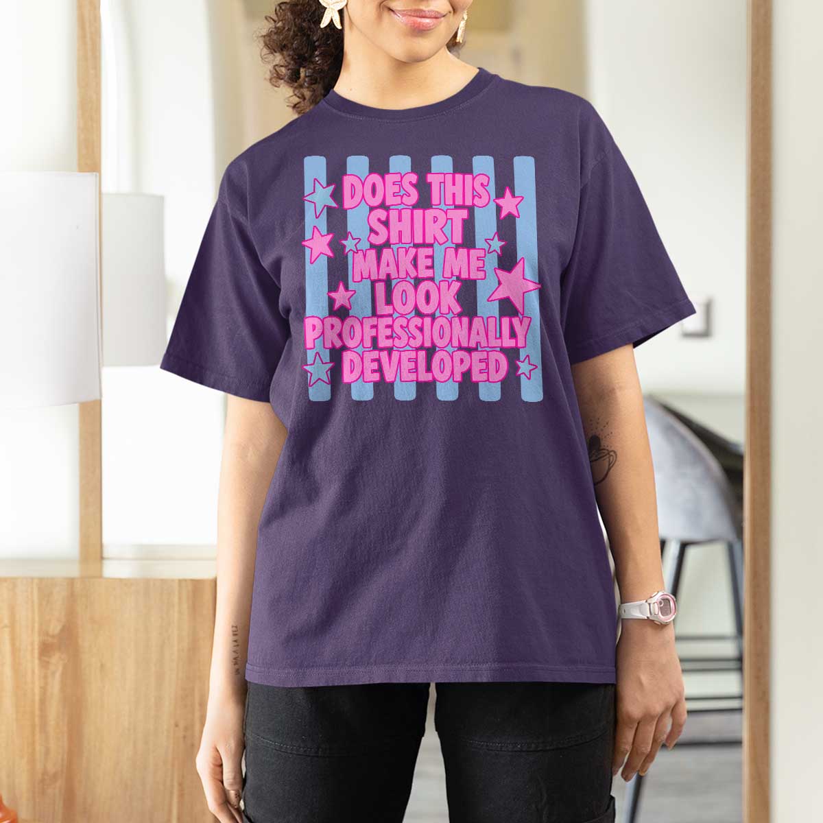 Does This Make Me Look Professionally Developed T Shirt For Women Funny Retro Groovy Pink Graphic