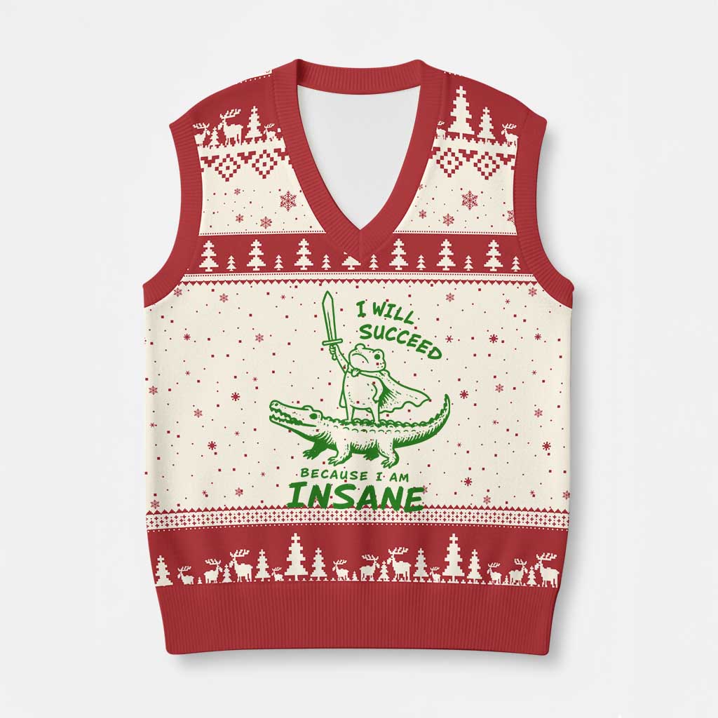 I Will Succeed Because I Am Insane Frog Crocodile V-Neck Knit Sweater Vest