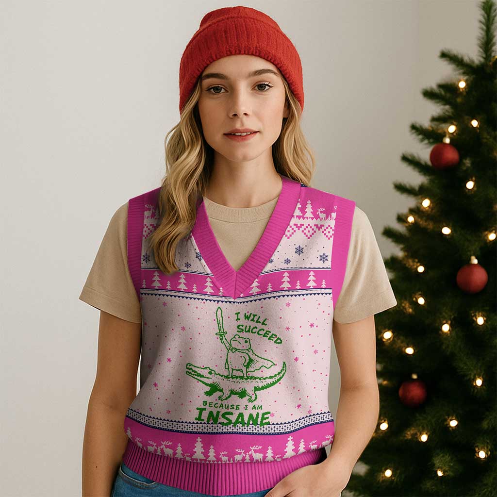 I Will Succeed Because I Am Insane Frog Crocodile V-Neck Knit Sweater Vest