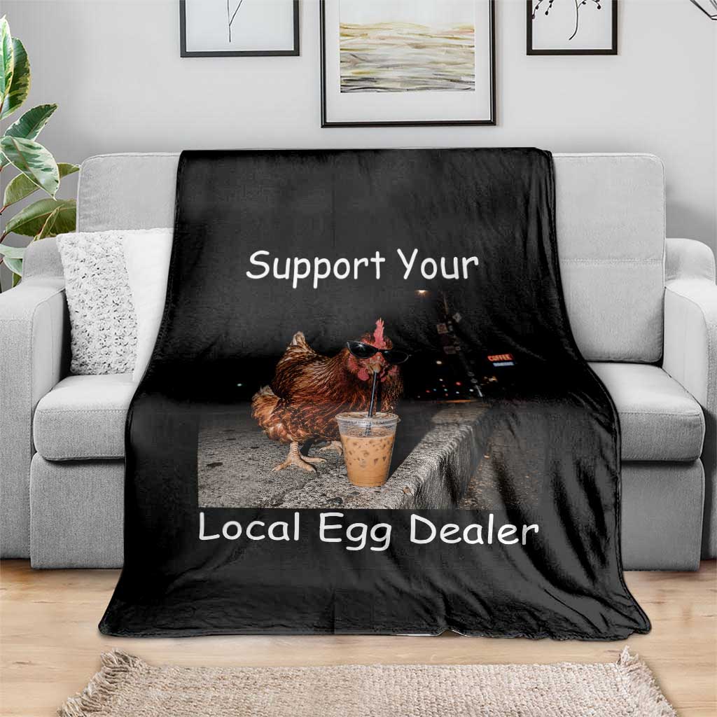Support Local Dealer Chicken Farmer Throw Blanket Funny Animal Graphic Chicken Drinking Iced Coffee