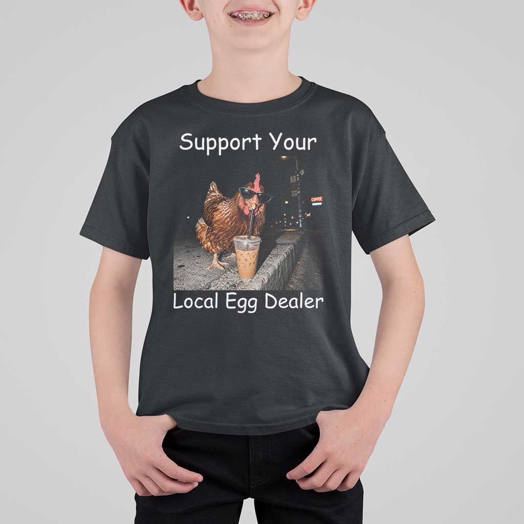 Support Local Dealer Chicken Farmer T Shirt For Kid Funny Animal Graphic Chicken Drinking Iced Coffee